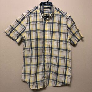 Nautica Men's Yellow & Blue Plaid Short Sleeve Button Down Collared Shirt Size M
